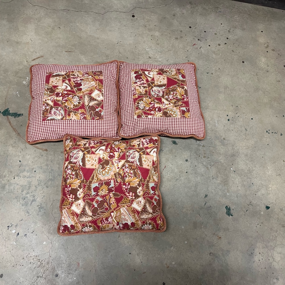 Set of 3 Vintage red and cream Floral Patchwork Throw Pillows summer fall